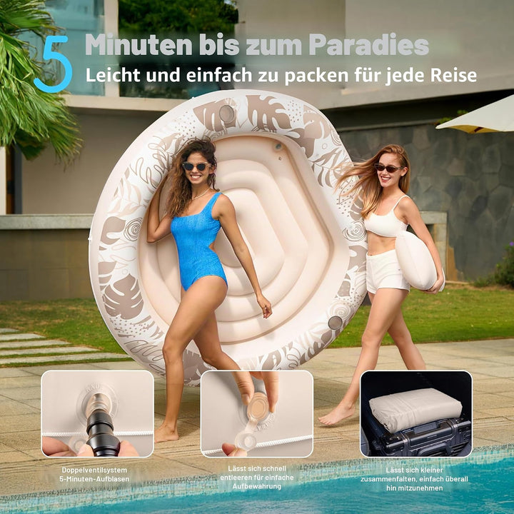 Sloosh Aufblasbare Sonnenpool,Luftmatratzte Pool 183 x 165 cm, Schwimmring für Erwachsene mit Kissen