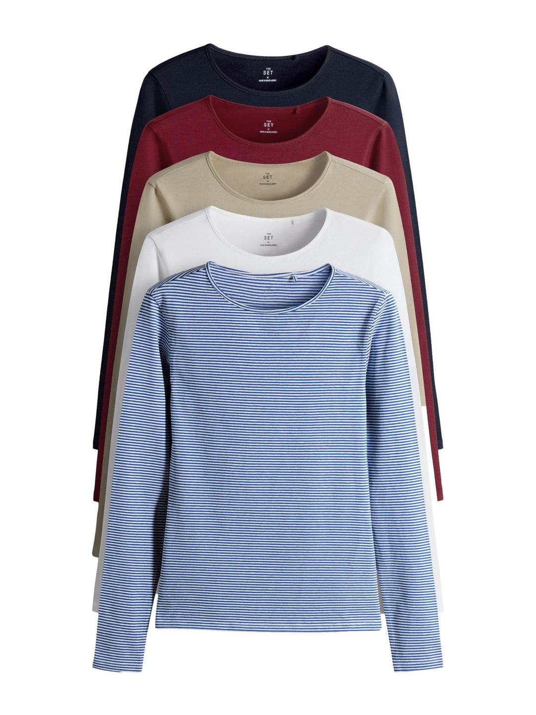 THE SET Damen t Langarmshirts mit Rundhalsausschnitt, 5er-Pack XS Navy/Light Blue Stripe/Red/Stone B