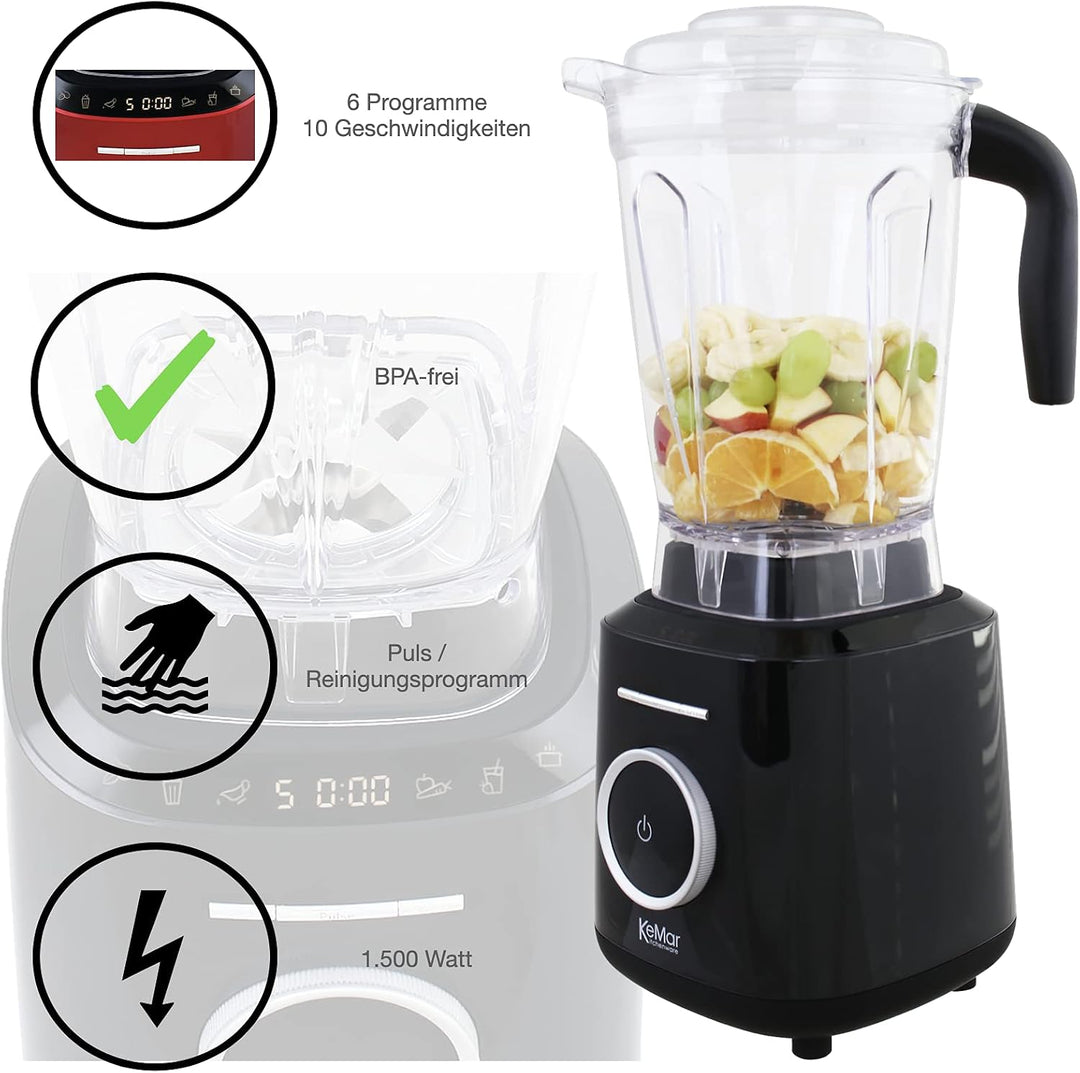 KeMar Standmixer, Hochleistungsmixer, Mixer (1500W, 2 Liter) + GRATIS Bambus Trinkhalme - mit Touch