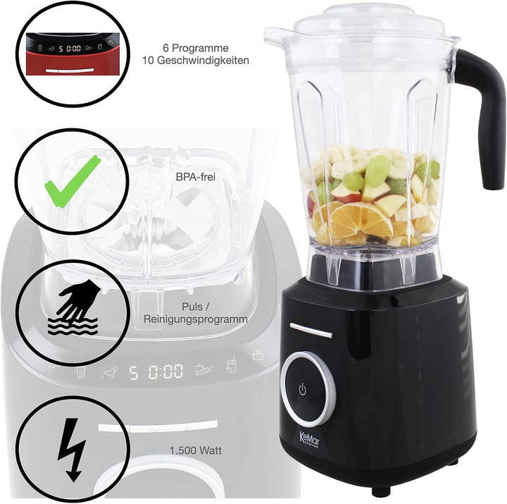 KeMar Standmixer, Hochleistungsmixer, Mixer (1500W, 2 Liter) + GRATIS Bambus Trinkhalme - mit Touch