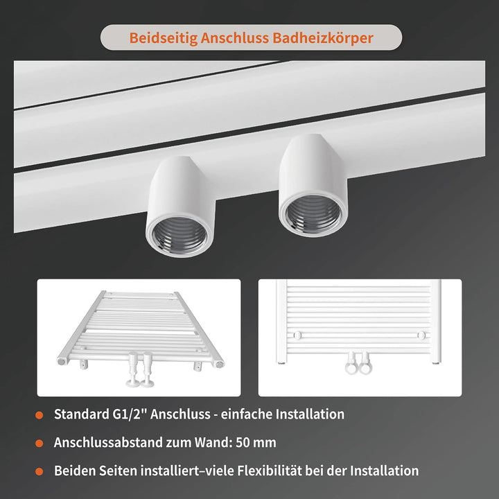 Badheizkörper Mittelanschluss 1160x600 mm, 600W Handtuchheizkörper &amp; Handtuchtrockner, Einfach Insta