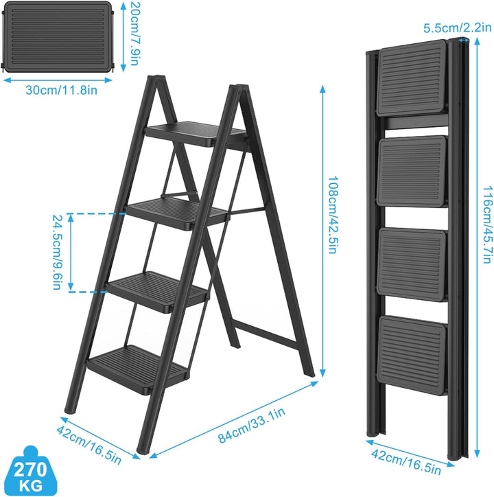 XMTECH Trittleiter 4 Stufen Klappbar, Leiter Klapp-Step-Hocker mit breitem Anti-Rutsch-Pedal, Tragba