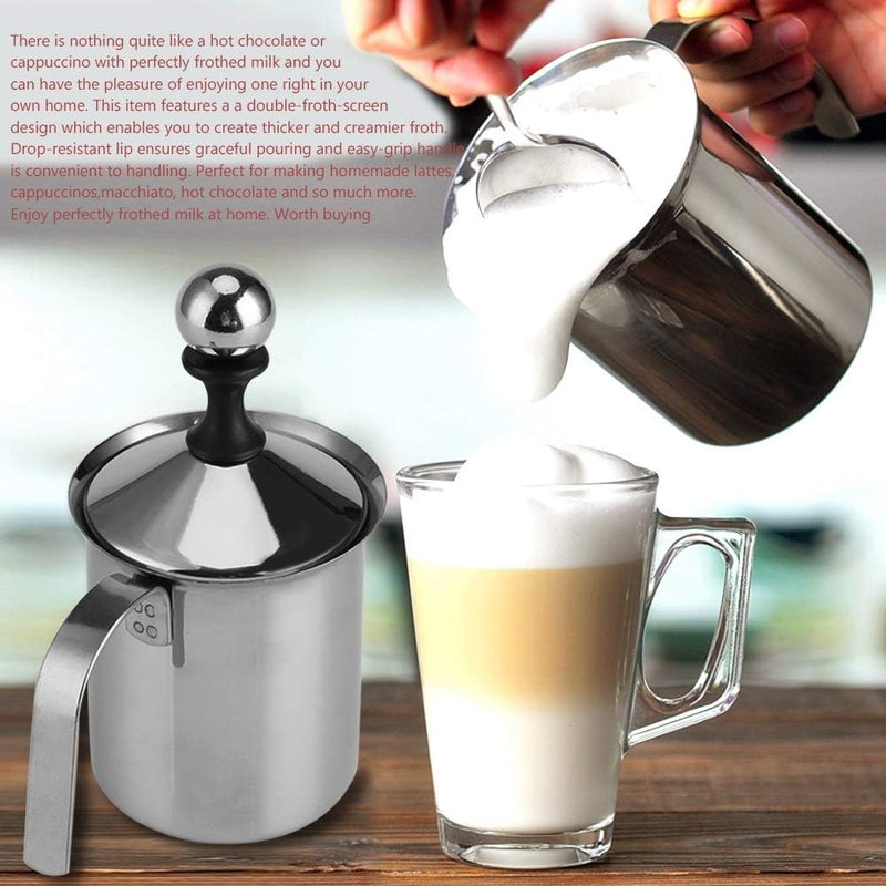 MAGT Milchaufschäumer Manuell, 800ml Edelstahl Milchschäumer Doppel Mesh Kaffeeschäumer Milchschaum