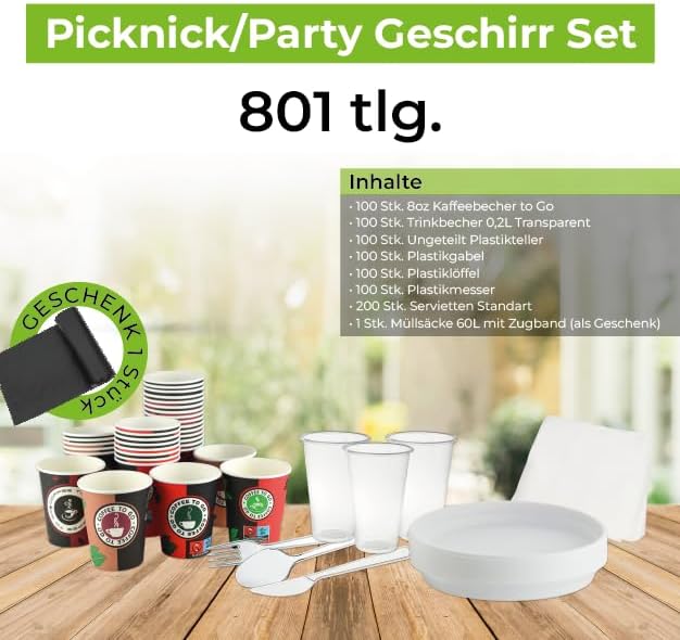 Partygeschirr Picknick Set 801 Teilig mit 200ml Pappbecher, Plastikbecher Transparent, Ungeteilt Tel