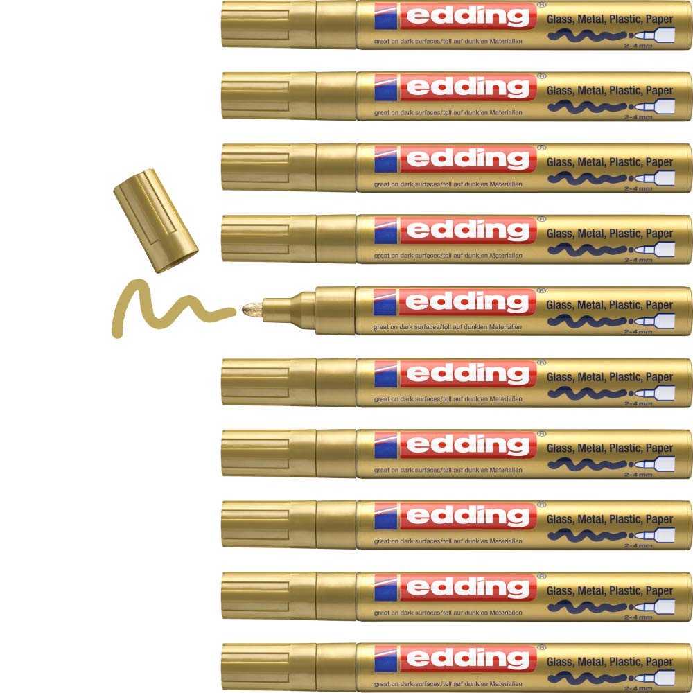 edding 750 Glanzlackmarker - gold - 10 Lackmarker - Rundspitze 2-4 mm - Lackstift für Glas, Stein, H