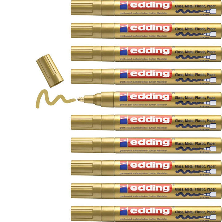 edding 750 Glanzlackmarker - gold - 10 Lackmarker - Rundspitze 2-4 mm - Lackstift für Glas, Stein, H