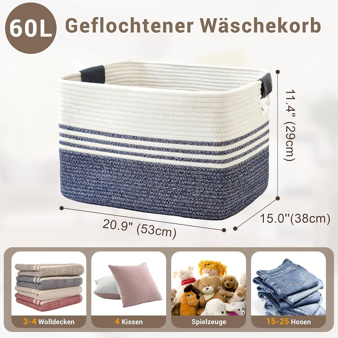 Wäschekorb Geflochten Gross aus Baumwollseil, 60L Aufbewahrungskorb mit Lederhenkeln, Korb für Decke