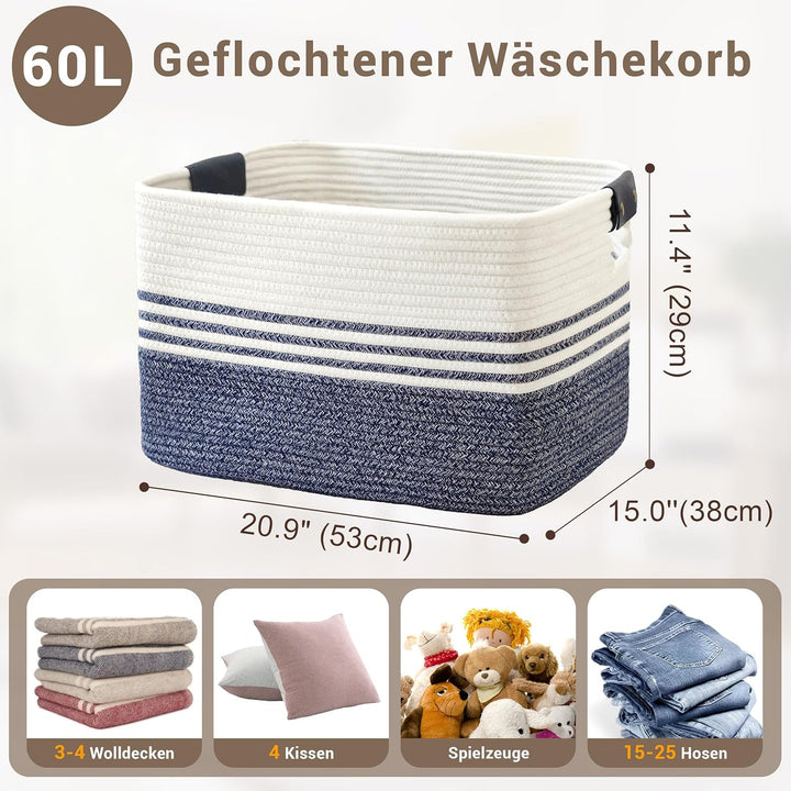 Wäschekorb Geflochten Gross aus Baumwollseil, 60L Aufbewahrungskorb mit Lederhenkeln, Korb für Decke