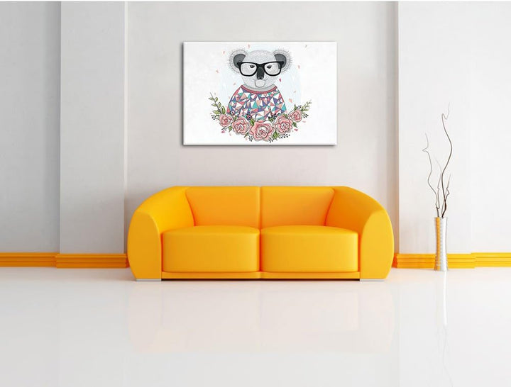 Pixxprint Hipster Koala mit Rosen als Leinwandbild/Grösse: 100x70 cm/Wandbild/Kunstdruck/fertig besp