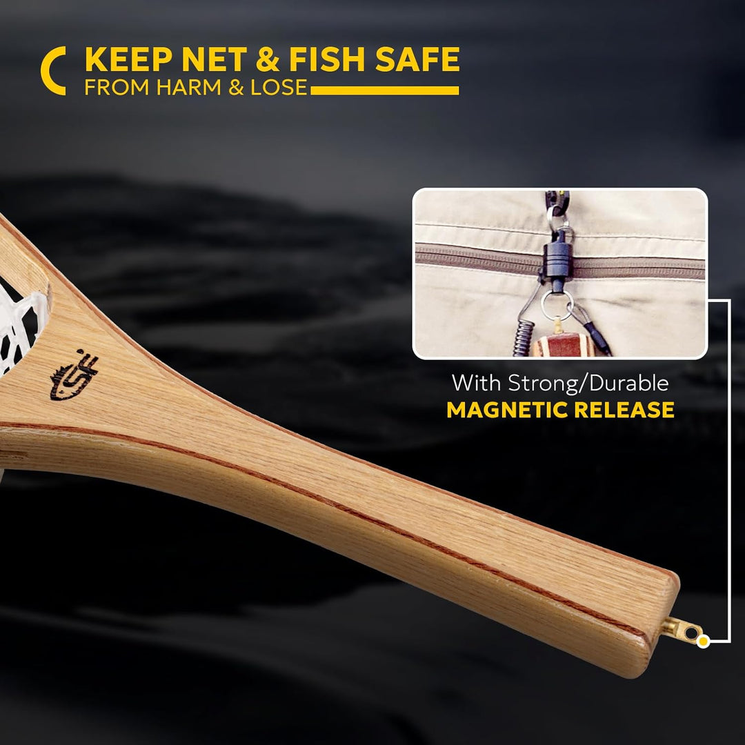SF Fliegenfischer-Kescher mit Holzrahmen, weichem Gumminetz, Forellenkescher, Catch-and-Release-Kesc