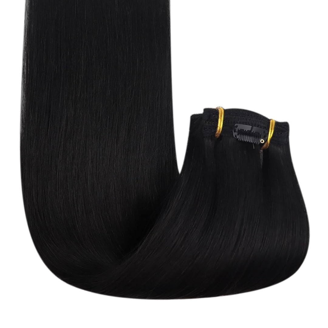 Fshine Clip in Extensions Echthaar 35cm 14 Zoll 120g 7Stück Natürliches Schwarz Echthaar Extensions