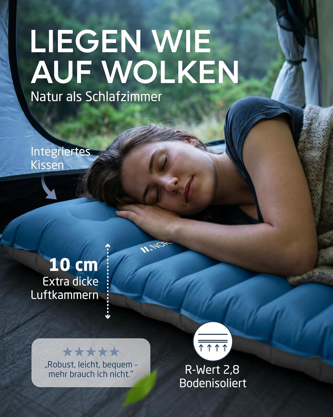 NORDMUT® Isomatte Schnellaufblasend mit integrierter Fusspumpe 10 cm - Isomatte Camping mit kleinem