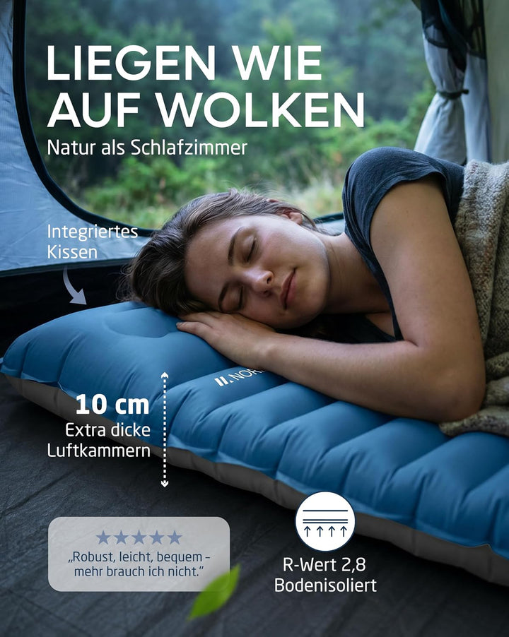 NORDMUT® Isomatte Schnellaufblasend mit integrierter Fusspumpe 10 cm - Isomatte Camping mit kleinem