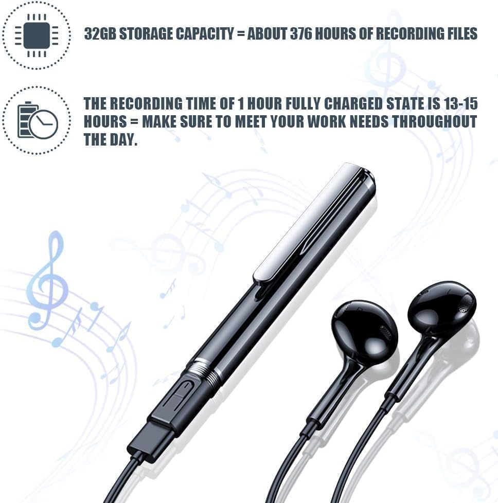 QZT 32 GB Voice Recorder Pen, Diktiergerät, 360-Grad-Soundaufnahme, HD Sprachaktivierter Rekorder, E