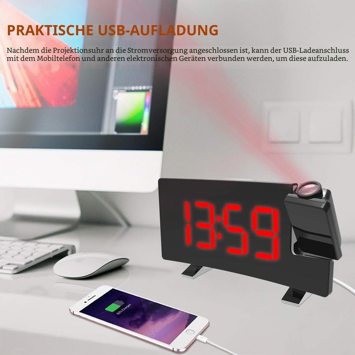 ThreeH Projektionswecker mit USB-Telefonladegerät Radiowecker mit 2 Wecktönen/4 Dimmer/180° drehbar/