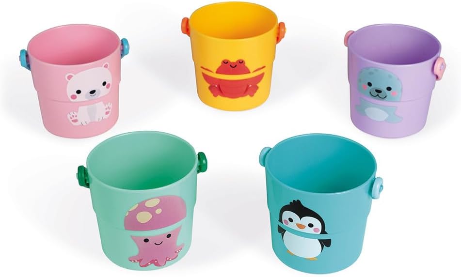 Janod - 5 Spieleimer für die Badewanne - Baby- und Kleinkindspielzeug - Handhabung und Geschicklichk