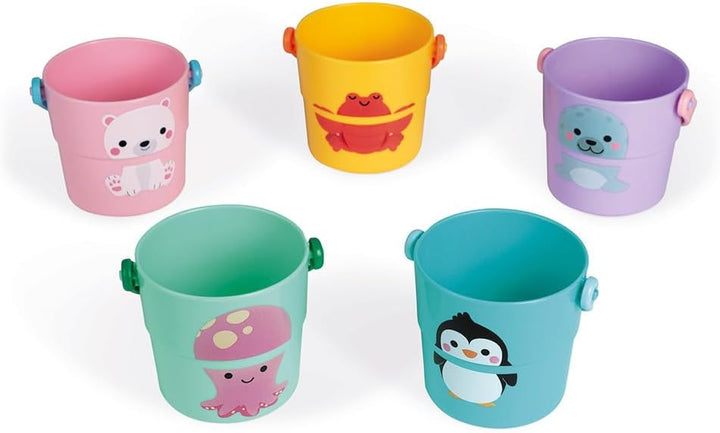 Janod - 5 Spieleimer für die Badewanne - Baby- und Kleinkindspielzeug - Handhabung und Geschicklichk