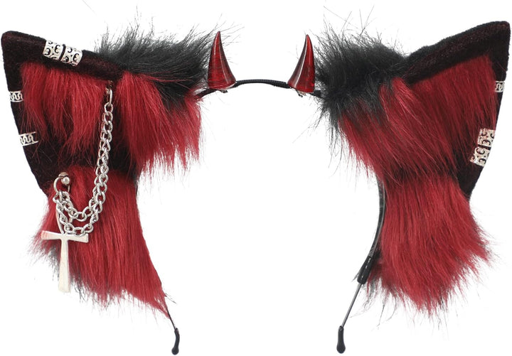 VIGVAN Handgemachte Wolf Fuchs Ohren Cosplay Kopf Zubehör Kawaii Haarband (Kette Schwarz Rot), Kette