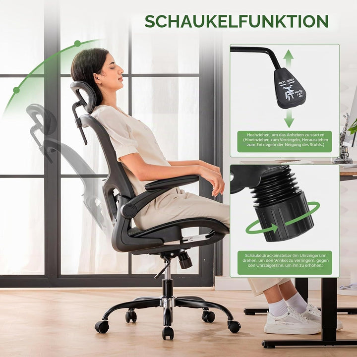 GTPLAYER Bürostuhl Ergonomisch, Schreibtischstuhl mit Verstellbarer Kopfstütze, Armlehnen, Lendenwir