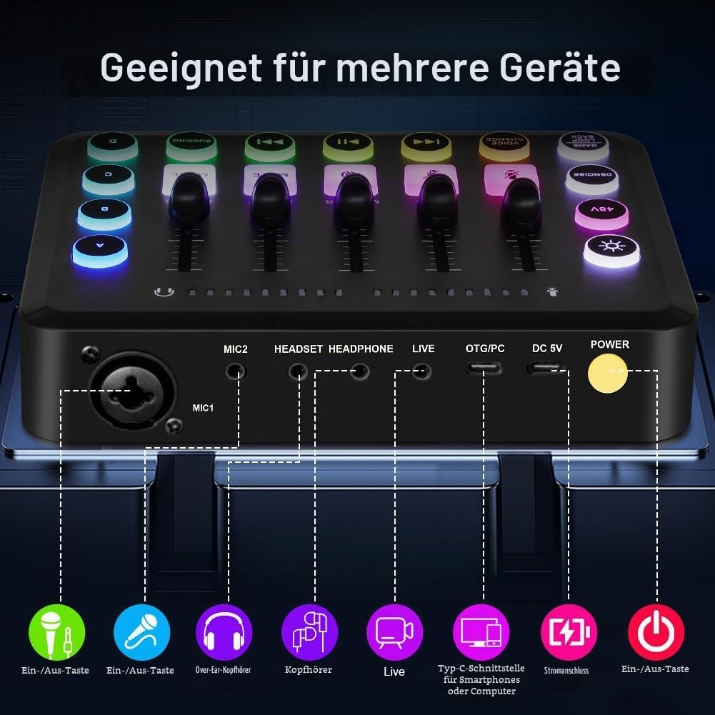 OFFCUP Podcast Equipment Set Mischpult Audiomixer mit Stativ Kondensator Mikrofon USB C Audiointerfa