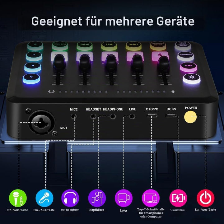 OFFCUP Podcast Equipment Set Mischpult Audiomixer mit Stativ Kondensator Mikrofon USB C Audiointerfa
