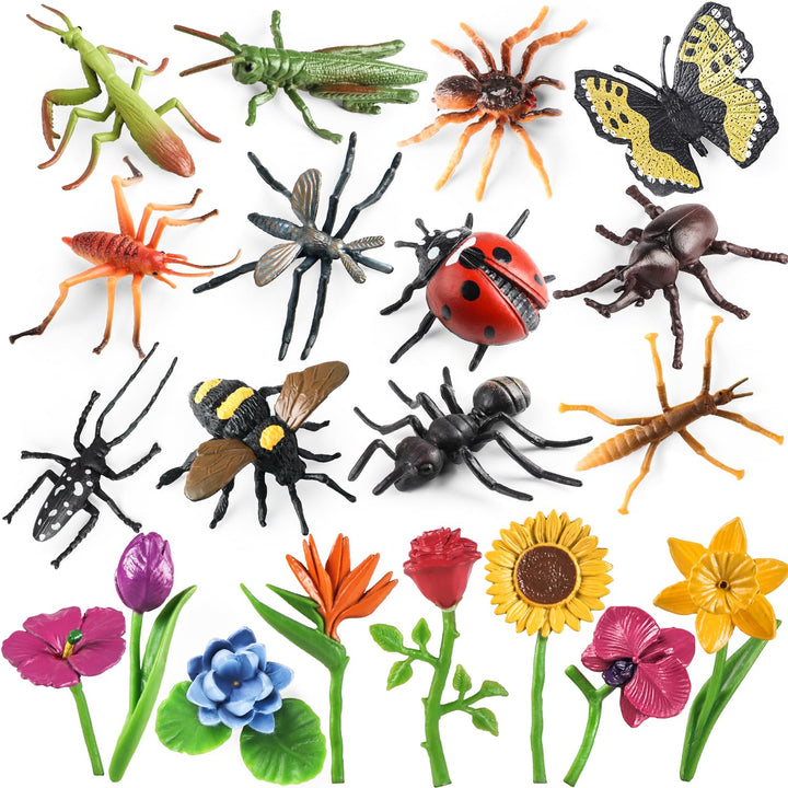 Insekt Pflanzenfiguren Spielzeug 20Pcs, realistische Kunststoff Blume mit Marienkäfer Biene Schmette