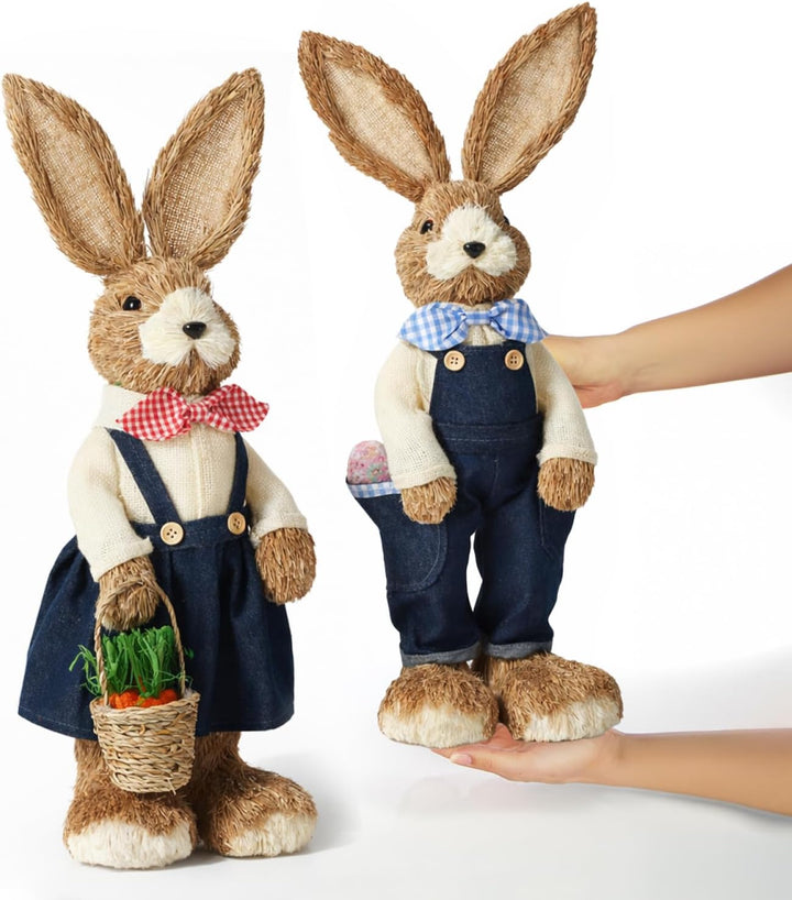 com-four® 2X Stroh Osterhase handgemacht - Deko-Osterhase zur Osterdekoration - Strohfiguren für Ost