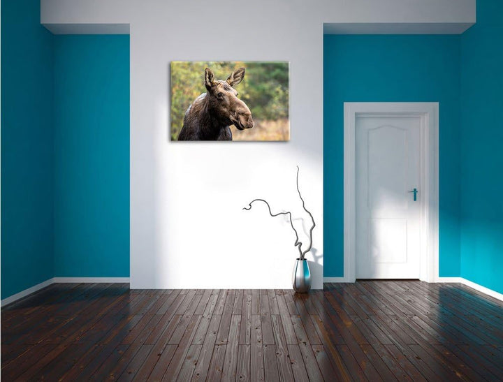 Pixxprint Elch im Wald, Format: 100x70 auf Leinwand, XXL riesige Bilder fertig gerahmt mit Keilrahme