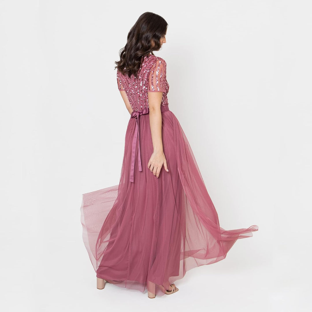 Maya Deluxe Damen Ballkleid Abendkleid V-Ausschnitt Maxi Länge Pailletten Kurze Ärmel für Hochzeit G