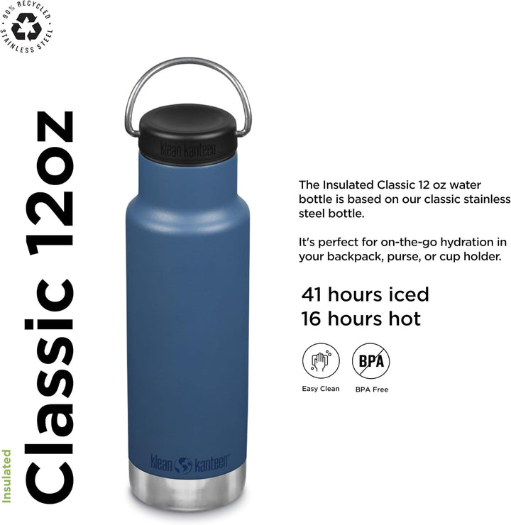 Klean Kanteen Isoliert, klassisch, schmal, 340 g (mit Schlaufenkappe), echtes Blaugrün, Blaugrün