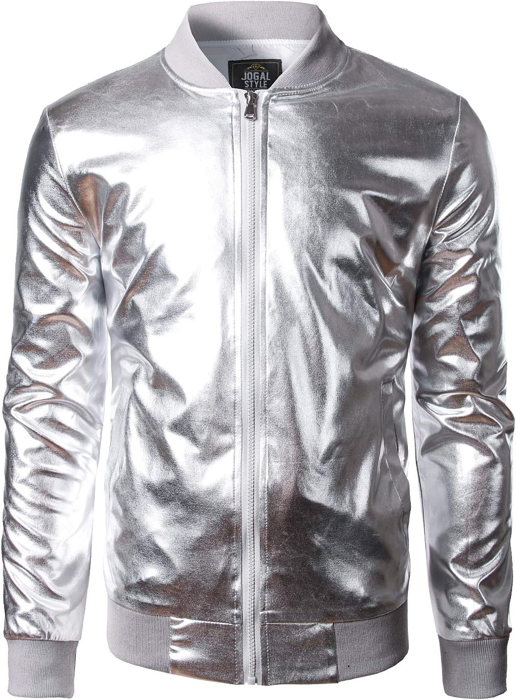 JOGAL Herren Metallic Nachtclub Reissverschluss Baseball Bomber Jacke XXL Silber, XXL Silber