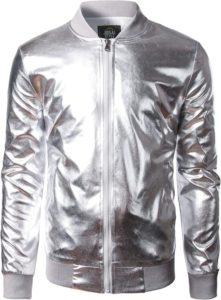JOGAL Herren Metallic Nachtclub Reissverschluss Baseball Bomber Jacke XXL Silber, XXL Silber