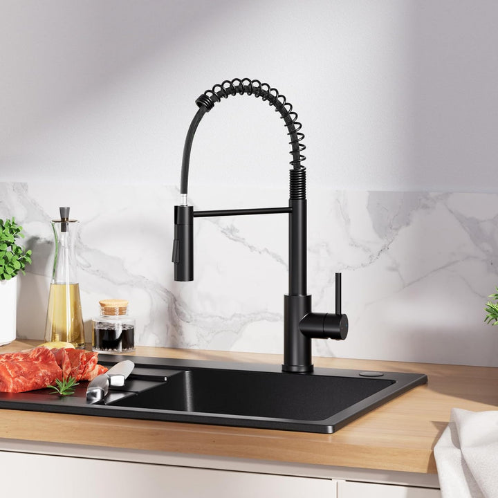 CECIPA Spülbecken Set 65x45 cm mit U-Form Wasserhahn Küche, Granit Küchenspüle Schwarz mit Abtropffl