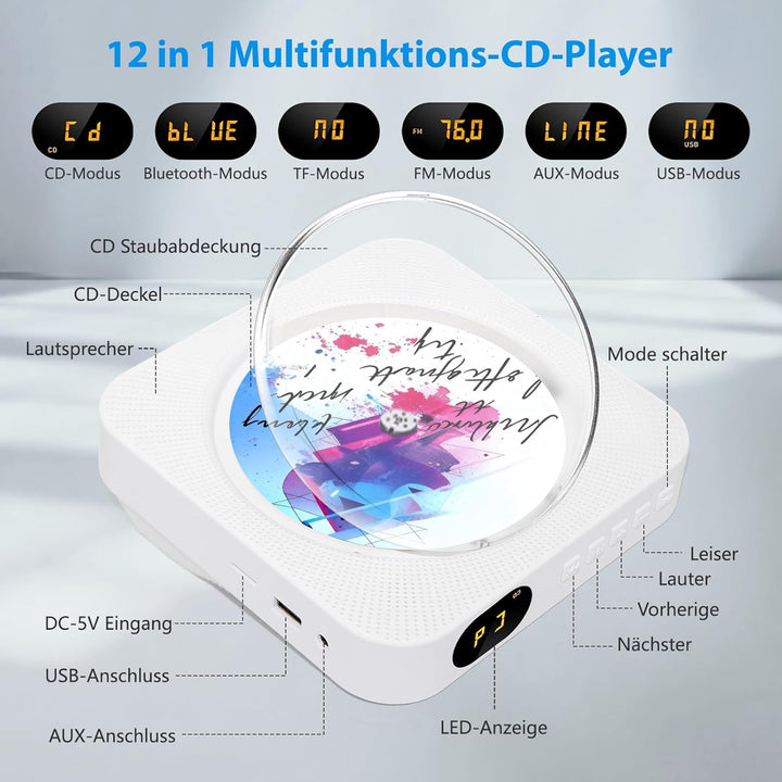 Tragbarer CD-Player, CD Players Bluetooth 5.1 mit Fernbedienung Unterstützung Timer, HiFi-Lautsprech