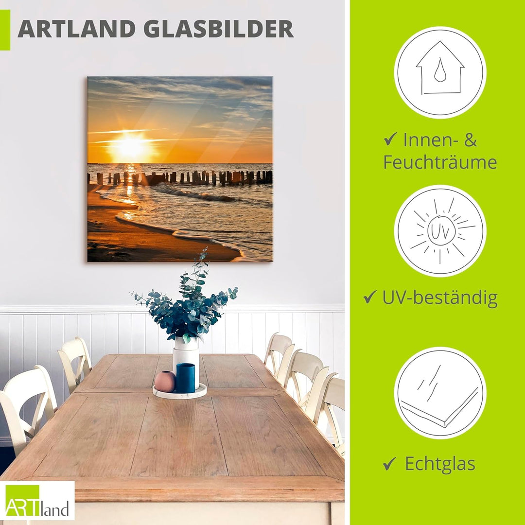 ARTland Glasbilder Wandbild Glas Bild einteilig 40x40 cm Quadratisch Strand Meer Küste Sonnenunterga