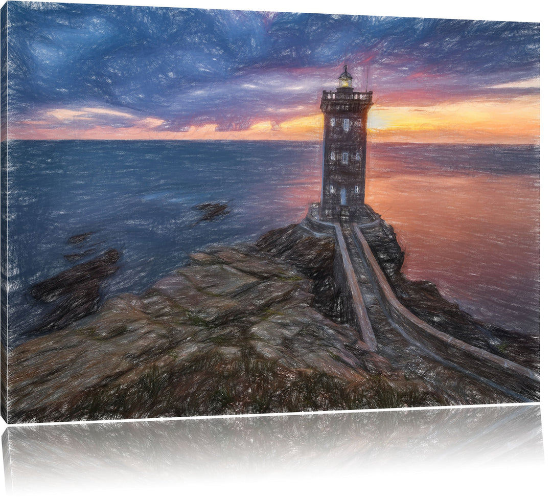 Pixxprint Leuchtturm im Sonnenuntergang Kunst Buntstift Effekt, Format: 100x70 auf Leinwand, 100x70