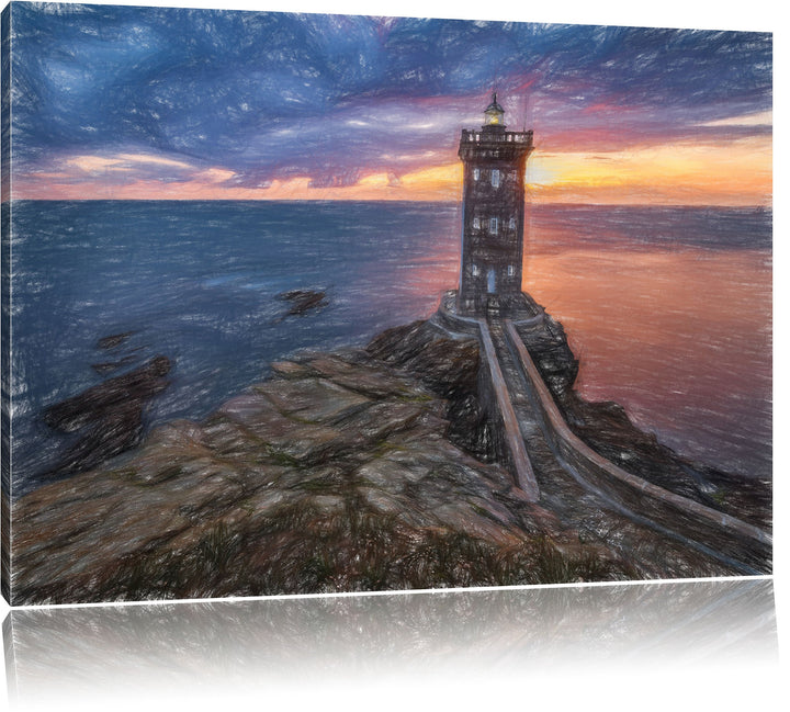 Pixxprint Leuchtturm im Sonnenuntergang Kunst Buntstift Effekt, Format: 100x70 auf Leinwand, 100x70