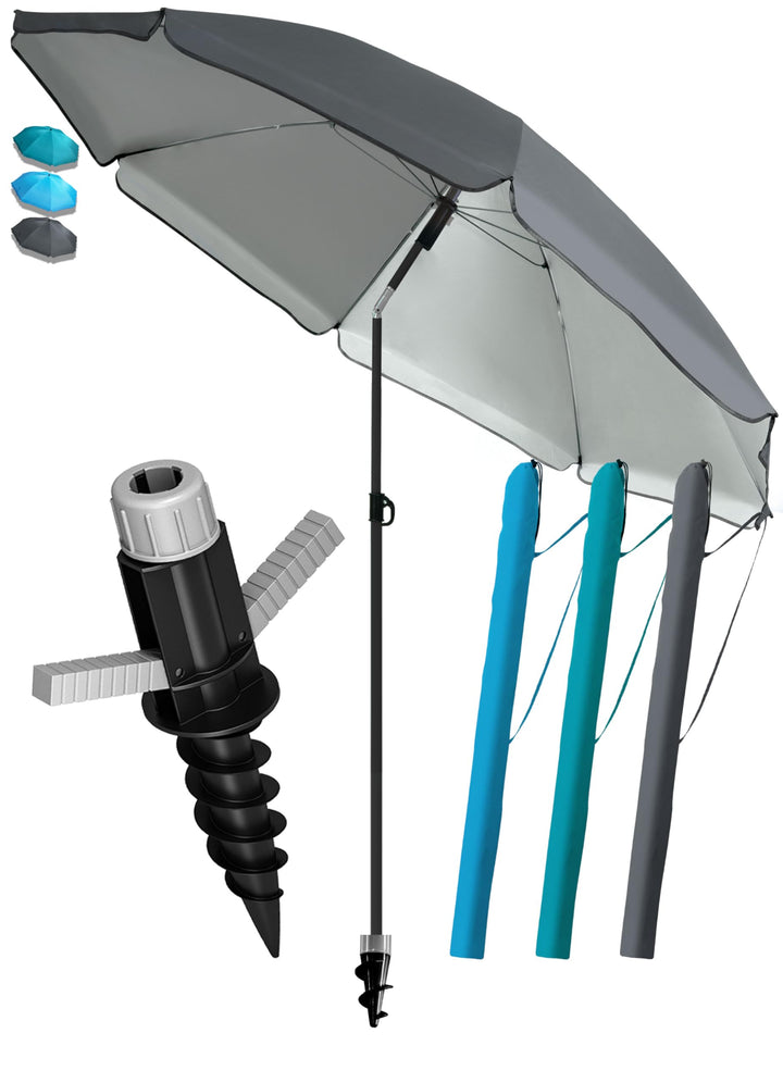 4smile Sonnenschirm Strand Ø 200 cm mit Bodenhülse, 3-IN-1-SET, Anthrazit | UPF 50+ Strandschirm + S