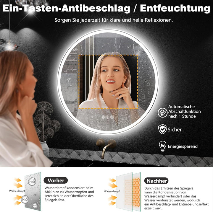 60cm Runde LED Badezimmerspiegel mit Beleuchtung, Dimmbar & 3 Farben – Front- & Hintergrundbeleuchtu
