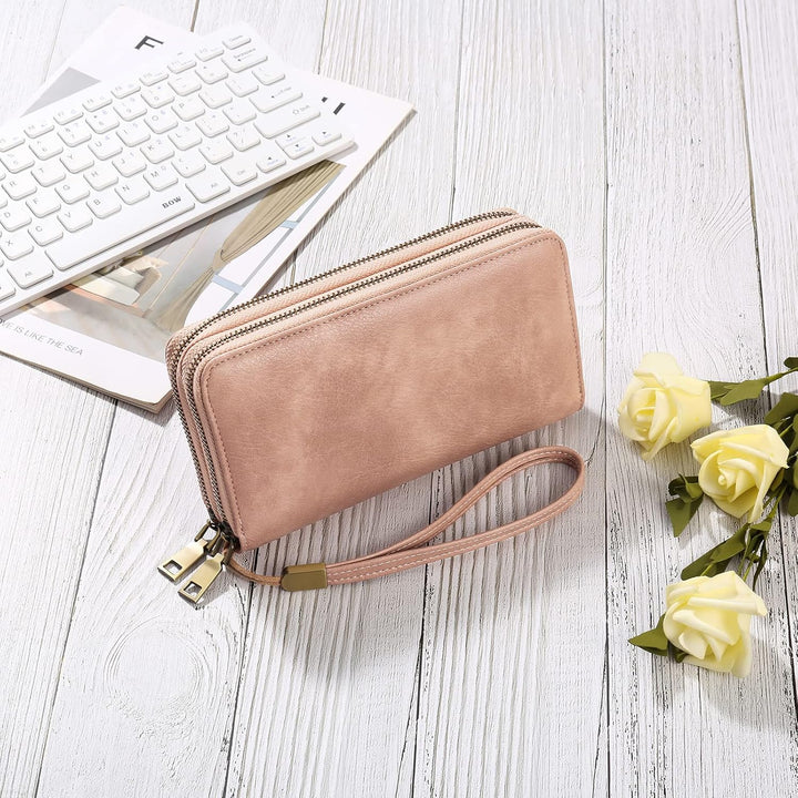 GAEKEAO Geldbörse Damen Gross, Portemonnaie Damen Veganes Leder Doppel Reissverschluss Kreditkartene