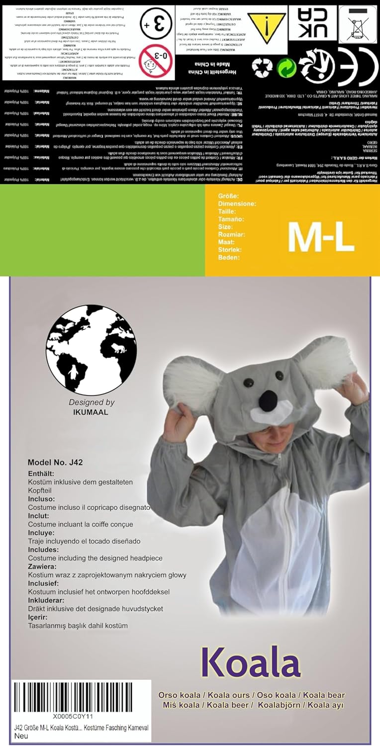 Ikumaal Koala-Bär Kostüm, J42 M-L, für Erwachsen-e Männer Frau-en, Koalas Bären Tier-e Kostüm-e Fasc