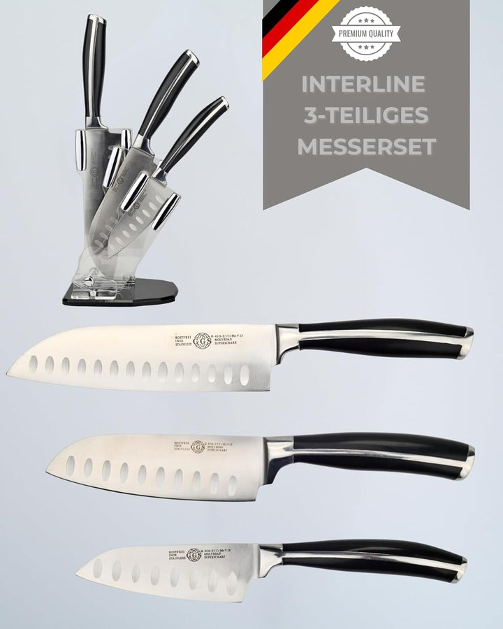 GGS Solingen Santoku Messer Set 4-teilig – Küchenmesser Set Edelstahl mit Messerblock, 3 Santokumess