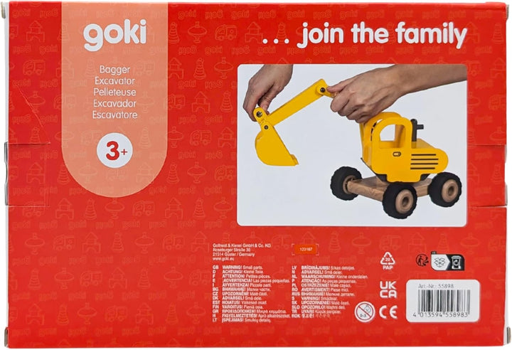 goki 55898 - Bagger aus Massivholz, Robustes Baufahrzeug mit beweglicher Schaufel und Gummireifen, g