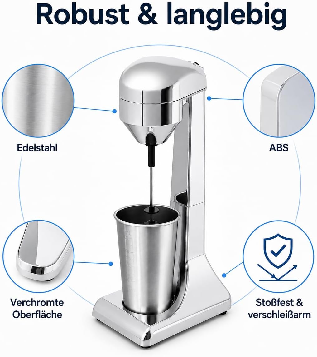 Frappe Mixer, Eiweiss Shaker Elektrisch mit 2 Geschwindigkeitsstufen Standmixer mit 1 Becher, Edelst