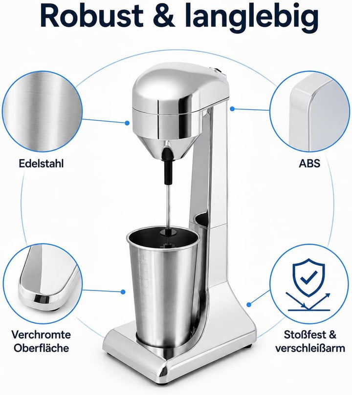 Frappe Mixer, Eiweiss Shaker Elektrisch mit 2 Geschwindigkeitsstufen Standmixer mit 1 Becher, Edelst