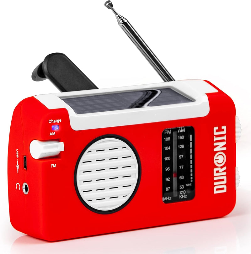 Duronic Hybrid Radio AM/FM - Aufladbar mit Solar, Kurbel und USB - 300mAh Akku - Bis zu 7h Musik mit