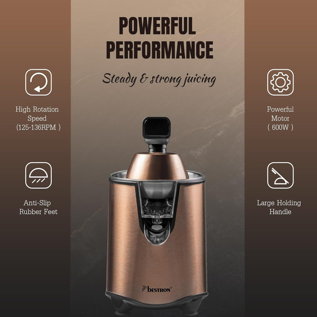 Bestron elektrische Saftpresse, Orangenpresse mit Auslauf-Stopp Funktion & edelstahl Fruchtfleischsi