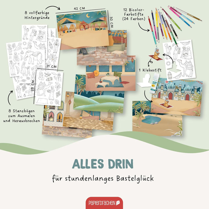 Papierdrachen Bastelbox Ramadan - Komplettes Set ab 3 Jahren – Inkl. Buntstifte & Kleber – Kreatives