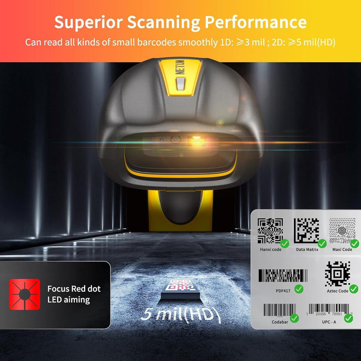 NETUM Industrieller Barcode Scanner 2D QR Bluetooth Mit Dock, Kabelloser 1D/2D Scanner, 2600mAh Akku