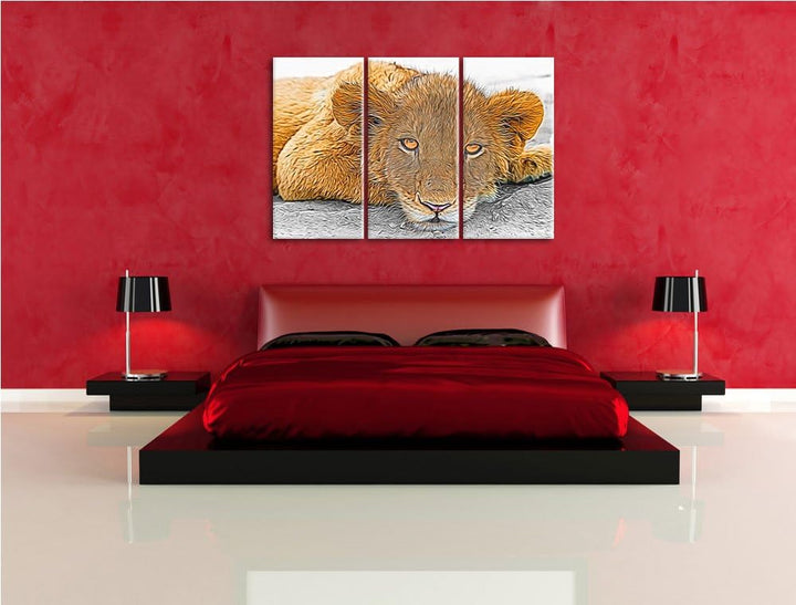 schläfriger junger Löwe schwarz/weiss Deluxe 3-Teiler Leinwandbild 120x80 Bild auf Leinwand, XXL rie